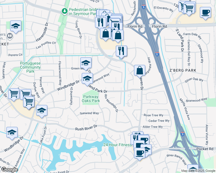 map of restaurants, bars, coffee shops, grocery stores, and more near 7401 Rio Mondego Drive in Sacramento