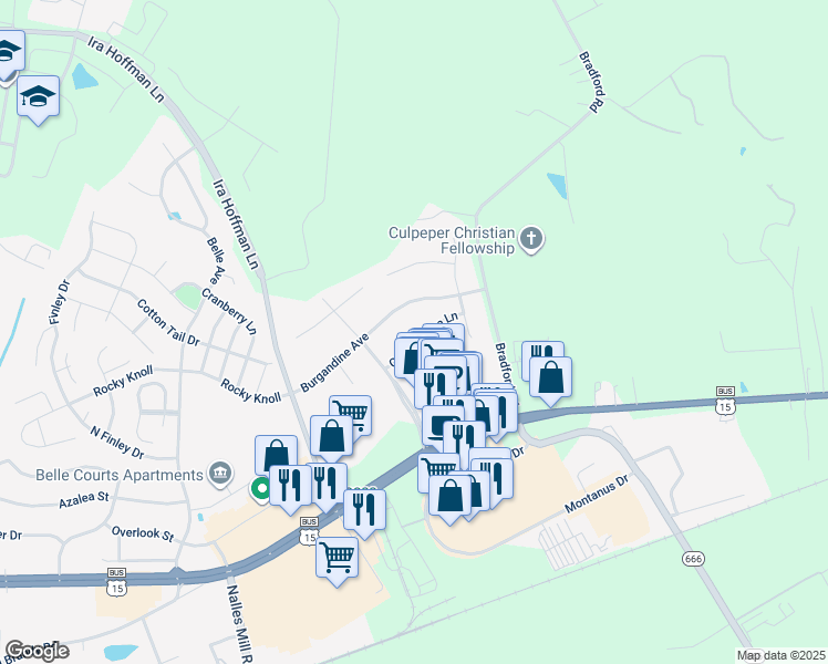 map of restaurants, bars, coffee shops, grocery stores, and more near 15609 Great Bridge Lane in Culpeper