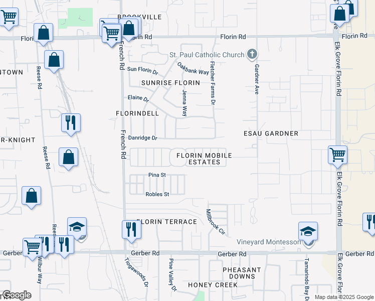 map of restaurants, bars, coffee shops, grocery stores, and more near 7400 Baronnel Lane in Sacramento