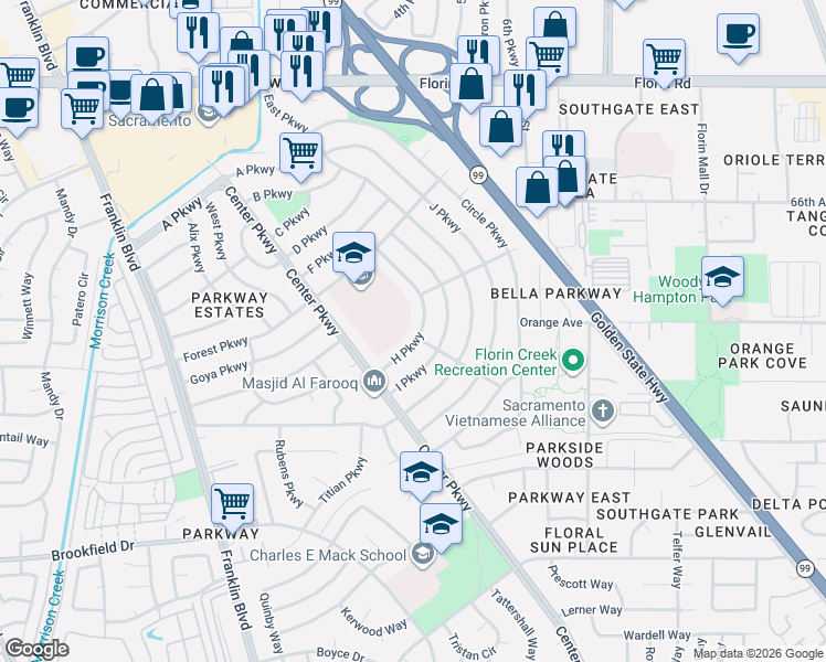 map of restaurants, bars, coffee shops, grocery stores, and more near 4919 H Parkway in Sacramento