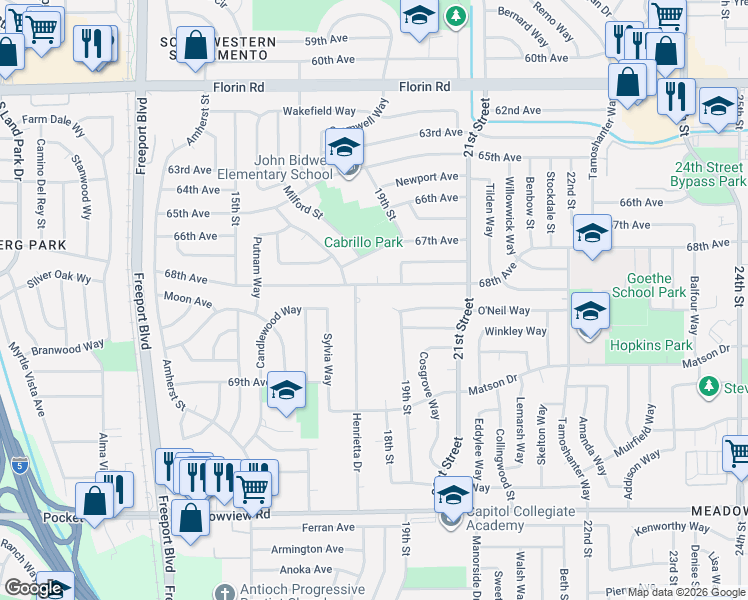 map of restaurants, bars, coffee shops, grocery stores, and more near 7401 Henrietta Drive in Sacramento