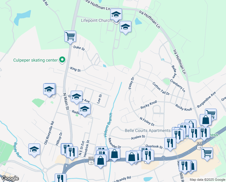 map of restaurants, bars, coffee shops, grocery stores, and more near 1283 Monarch Street in Culpeper