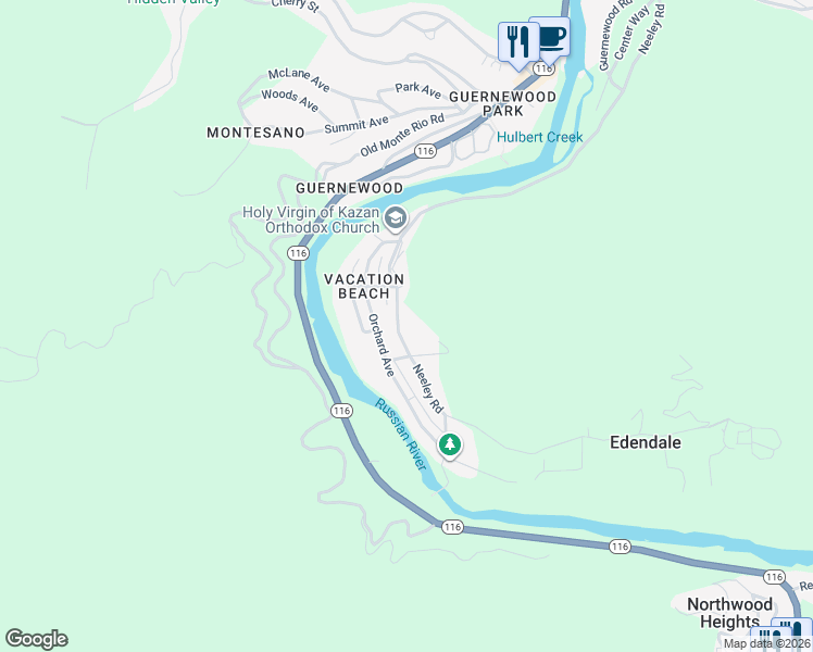 map of restaurants, bars, coffee shops, grocery stores, and more near 17557 Neeley Road in Guerneville