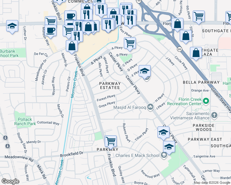 map of restaurants, bars, coffee shops, grocery stores, and more near 4501 Forest Parkway in Sacramento