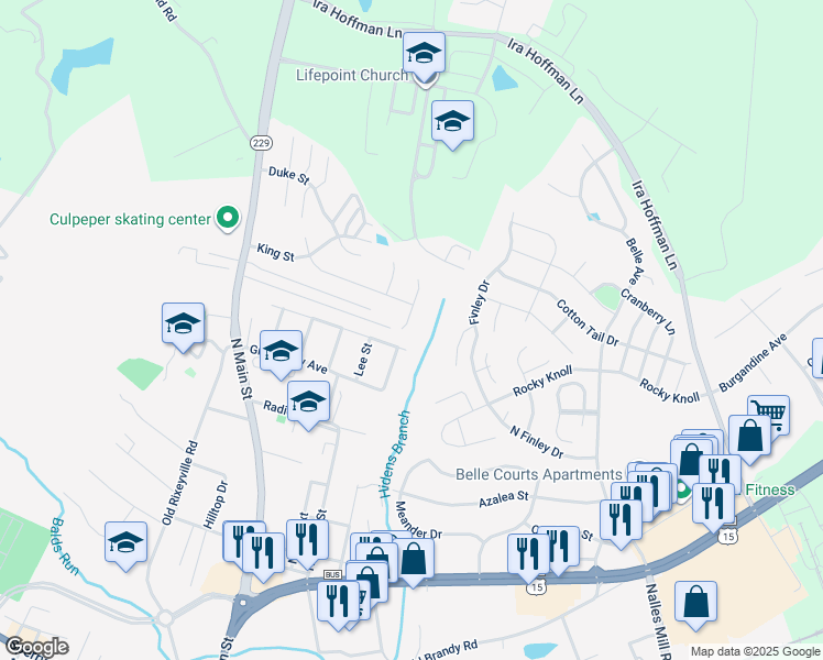 map of restaurants, bars, coffee shops, grocery stores, and more near 1283 Monarch Street in Culpeper