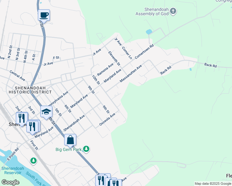map of restaurants, bars, coffee shops, grocery stores, and more near 820 10th Street in Shenandoah