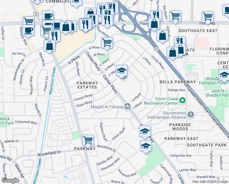 map of restaurants, bars, coffee shops, grocery stores, and more near 7462 Center Parkway in Sacramento