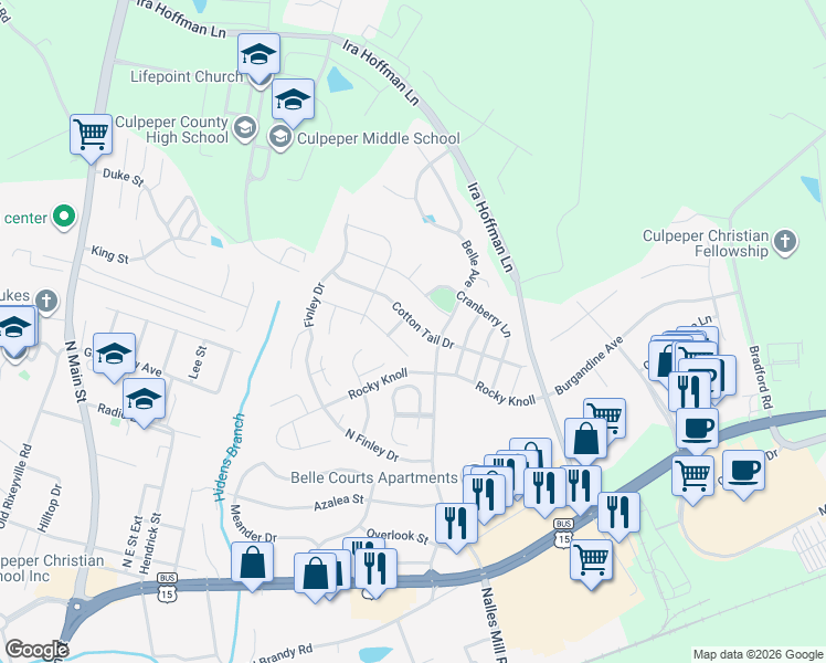 map of restaurants, bars, coffee shops, grocery stores, and more near 1947 Cotton Tail Drive in Culpeper