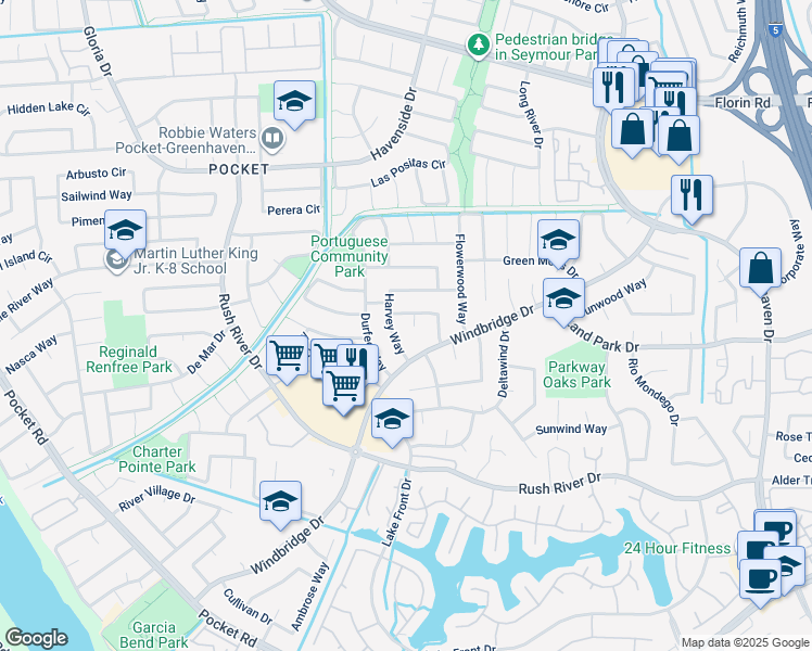 map of restaurants, bars, coffee shops, grocery stores, and more near 6 Neil Court in Sacramento