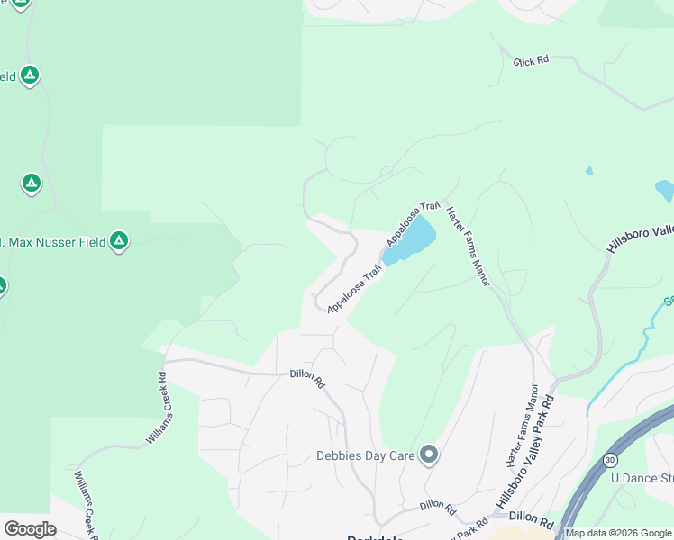 map of restaurants, bars, coffee shops, grocery stores, and more near 2300 Appaloosa Trail in High Ridge