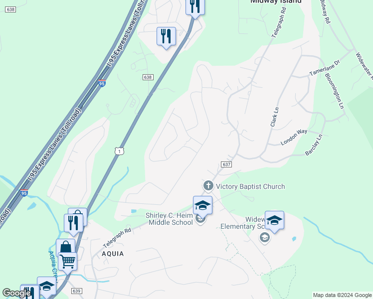 map of restaurants, bars, coffee shops, grocery stores, and more near 11 Glacier Way in Stafford