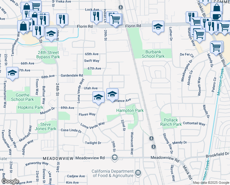 map of restaurants, bars, coffee shops, grocery stores, and more near 7388 Tisdale Way in Sacramento