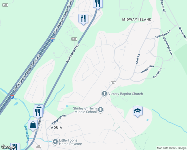 map of restaurants, bars, coffee shops, grocery stores, and more near 11 Glacier Way in Stafford