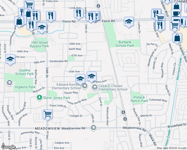 map of restaurants, bars, coffee shops, grocery stores, and more near 7374 Tisdale Way in Sacramento