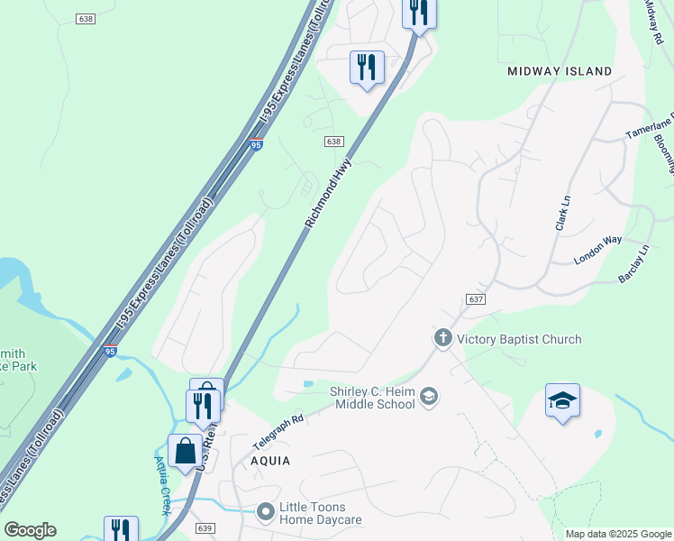 map of restaurants, bars, coffee shops, grocery stores, and more near 65 Glacier Way in Stafford