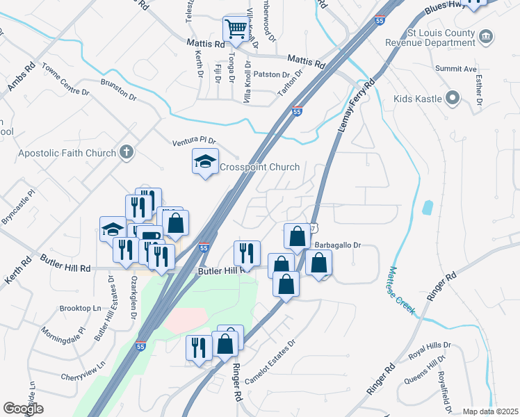map of restaurants, bars, coffee shops, grocery stores, and more near 4210 Drambuie Lane in St. Louis