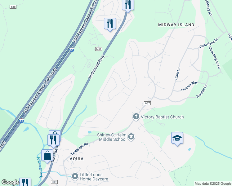 map of restaurants, bars, coffee shops, grocery stores, and more near 20 Glacier Way in Stafford
