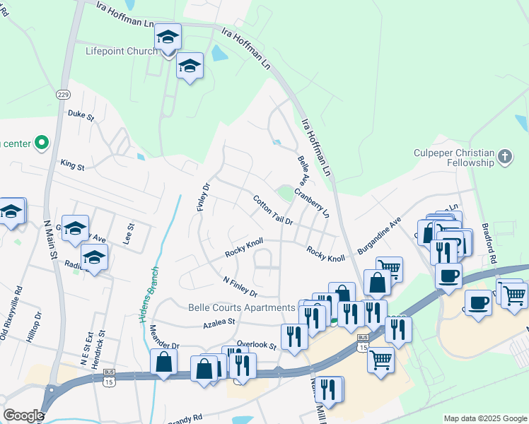 map of restaurants, bars, coffee shops, grocery stores, and more near 1943 Cotton Tail Drive in Culpeper