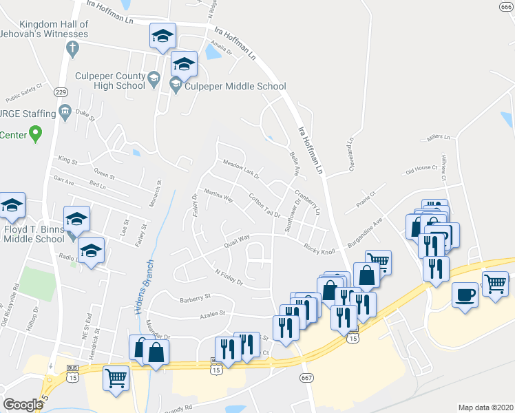 map of restaurants, bars, coffee shops, grocery stores, and more near 1943 Cotton Tail Drive in Culpeper