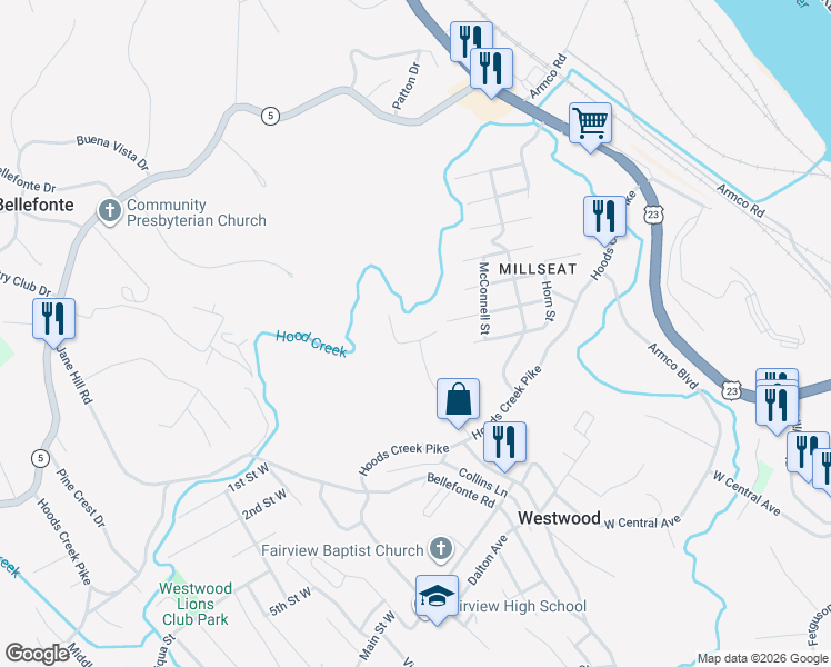 map of restaurants, bars, coffee shops, grocery stores, and more near 931 Wheatley Road in Westwood
