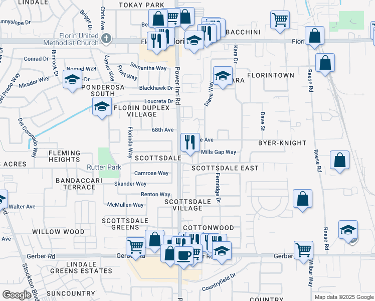map of restaurants, bars, coffee shops, grocery stores, and more near 8111 Scottsdale Drive in Sacramento