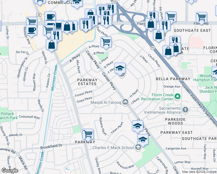 map of restaurants, bars, coffee shops, grocery stores, and more near 7462 Center Parkway in Sacramento