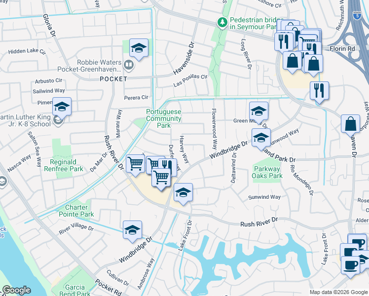 map of restaurants, bars, coffee shops, grocery stores, and more near 6 Neil Court in Sacramento