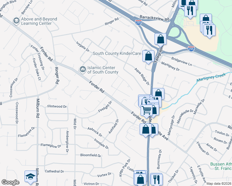map of restaurants, bars, coffee shops, grocery stores, and more near 4348 Kym Drive in St. Louis