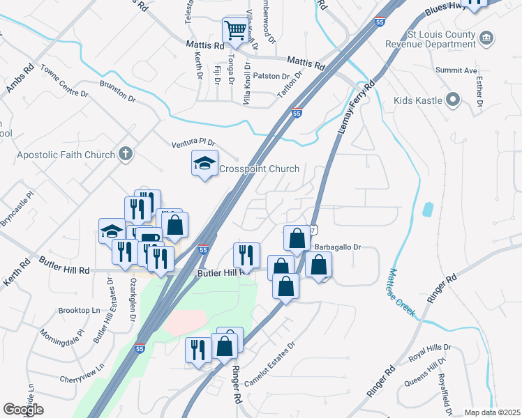 map of restaurants, bars, coffee shops, grocery stores, and more near 4210 Drambuie Lane in St. Louis