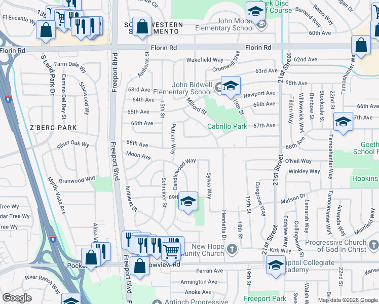 map of restaurants, bars, coffee shops, grocery stores, and more near 7430 Candlewood Way in Sacramento