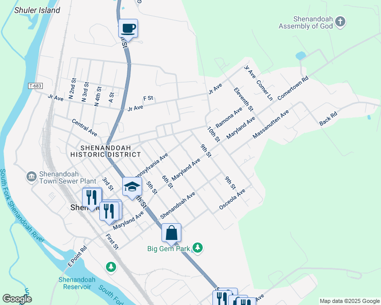 map of restaurants, bars, coffee shops, grocery stores, and more near 508 8th Street in Shenandoah