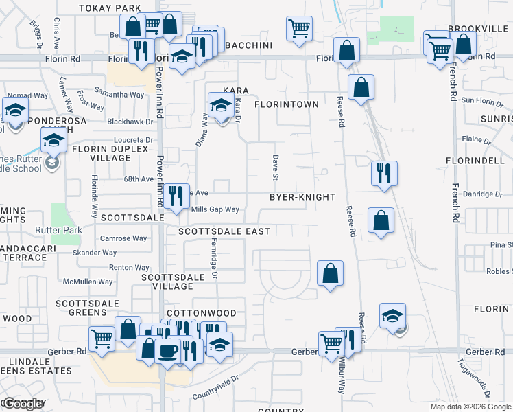 map of restaurants, bars, coffee shops, grocery stores, and more near 8224 White Sands Way in Sacramento
