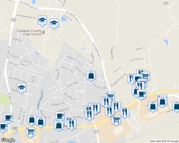 map of restaurants, bars, coffee shops, grocery stores, and more near 1917 Belle Avenue in Culpeper