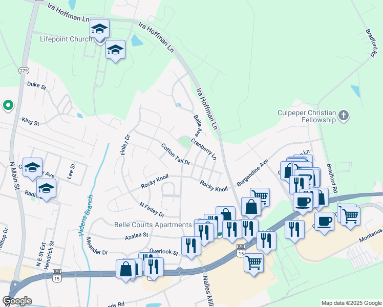 map of restaurants, bars, coffee shops, grocery stores, and more near 1917 Belle Avenue in Culpeper