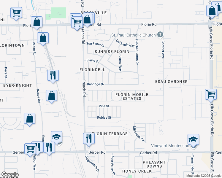 map of restaurants, bars, coffee shops, grocery stores, and more near 7446 Bouvais Circle in Sacramento