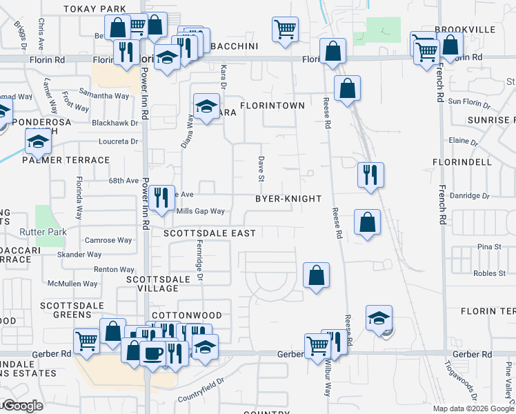 map of restaurants, bars, coffee shops, grocery stores, and more near 8224 White Sands Way in Sacramento
