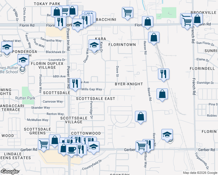 map of restaurants, bars, coffee shops, grocery stores, and more near 8224 White Sands Way in Sacramento