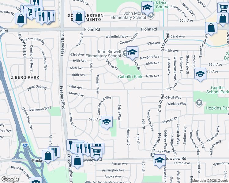 map of restaurants, bars, coffee shops, grocery stores, and more near 7404 Candlewood Way in Sacramento