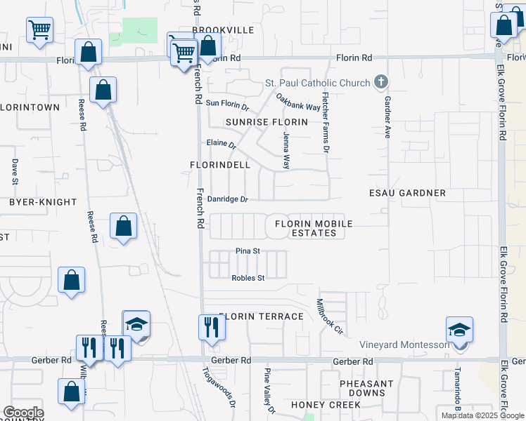 map of restaurants, bars, coffee shops, grocery stores, and more near 7446 Bouvais Circle in Sacramento