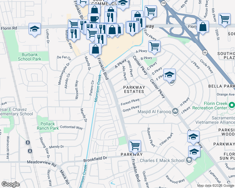map of restaurants, bars, coffee shops, grocery stores, and more near 4400 C Parkway in Sacramento