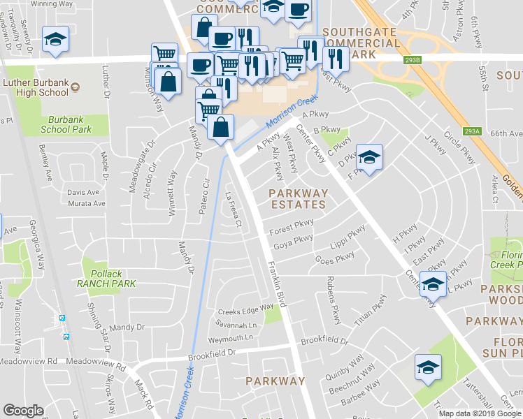 map of restaurants, bars, coffee shops, grocery stores, and more near 4400 C Parkway in Sacramento