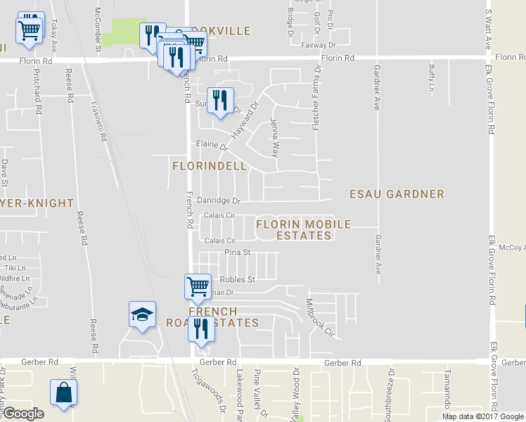 map of restaurants, bars, coffee shops, grocery stores, and more near 7446 Bouvais Circle in Sacramento