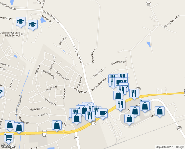 map of restaurants, bars, coffee shops, grocery stores, and more near 15207 Prairie Court in Culpeper