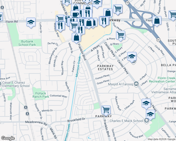 map of restaurants, bars, coffee shops, grocery stores, and more near 49 La Fresa Court in Sacramento