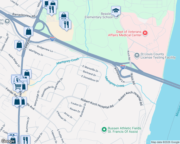 map of restaurants, bars, coffee shops, grocery stores, and more near 132 Bertrand Drive in St. Louis