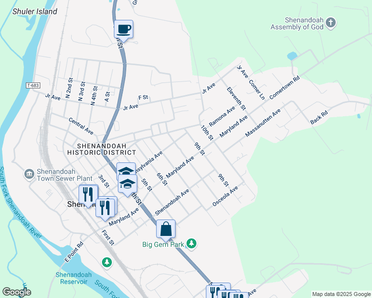 map of restaurants, bars, coffee shops, grocery stores, and more near 508 8th Street in Shenandoah