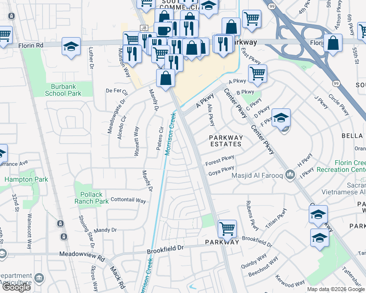 map of restaurants, bars, coffee shops, grocery stores, and more near 49 La Fresa Court in Sacramento