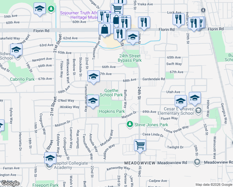 map of restaurants, bars, coffee shops, grocery stores, and more near 7436 Troon Way in Sacramento
