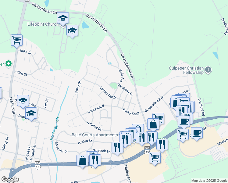 map of restaurants, bars, coffee shops, grocery stores, and more near 1965 Meadow Lark Drive in Culpeper