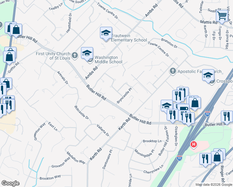 map of restaurants, bars, coffee shops, grocery stores, and more near 4545 Butler Hill Road in St. Louis
